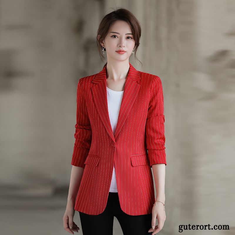 Blazer Damen Freizeit Mantel Überzieher Streifen Herbst Langer Abschnitt Rot