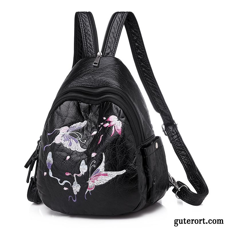 Rucksäcke Damen Stickerei Tasche Rucksack Echt Leder Trend Schmetterling Schwarz