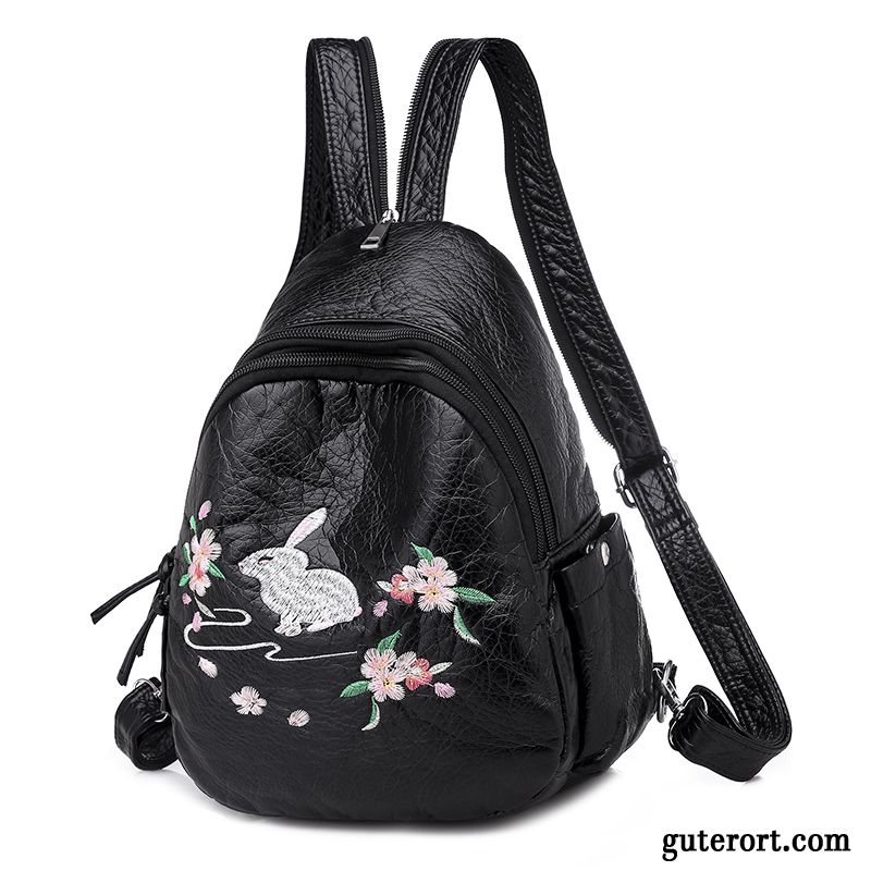 Rucksäcke Damen Stickerei Tasche Rucksack Echt Leder Trend Schmetterling Schwarz