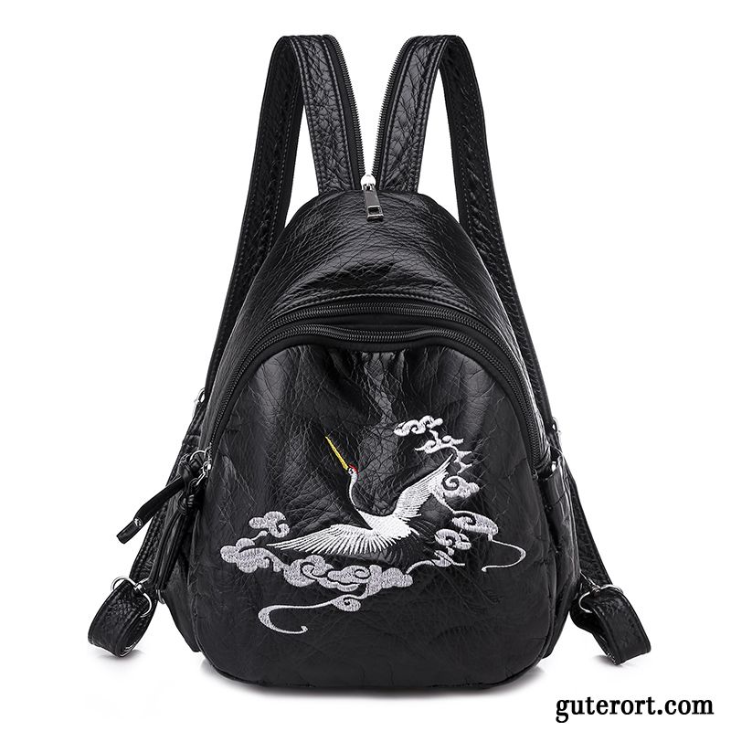 Rucksäcke Damen Stickerei Tasche Rucksack Echt Leder Trend Schmetterling Schwarz