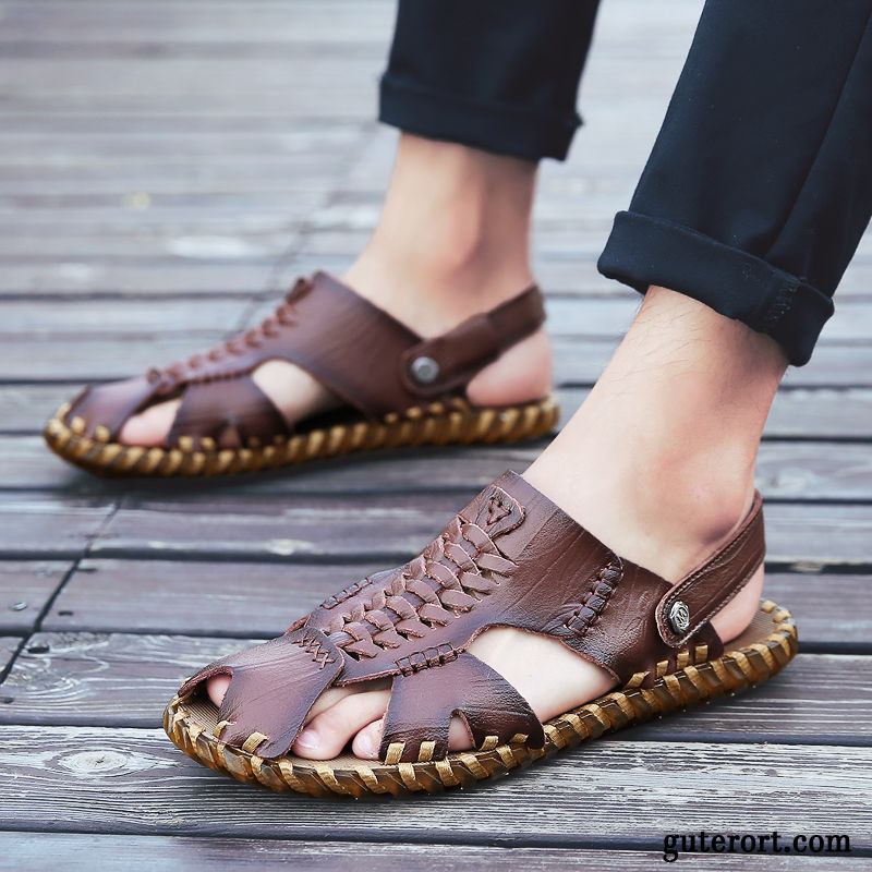 Sandalen Herren Echtleder Sommer Pantolette Casual Europa Neue Sandfarben Braun