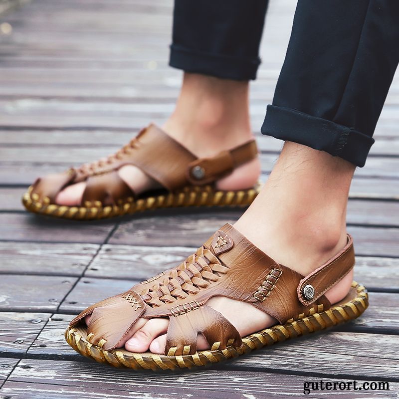 Sandalen Herren Echtleder Sommer Pantolette Casual Europa Neue Sandfarben Braun